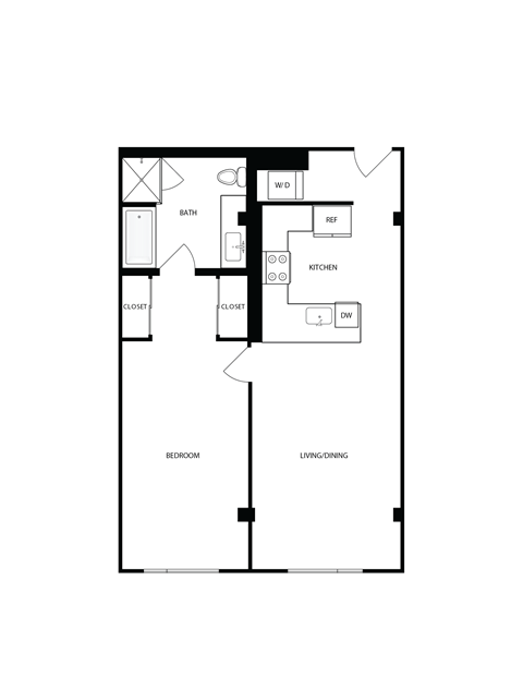 Floor plan for 1 bed, 1 bath, 877 sqft